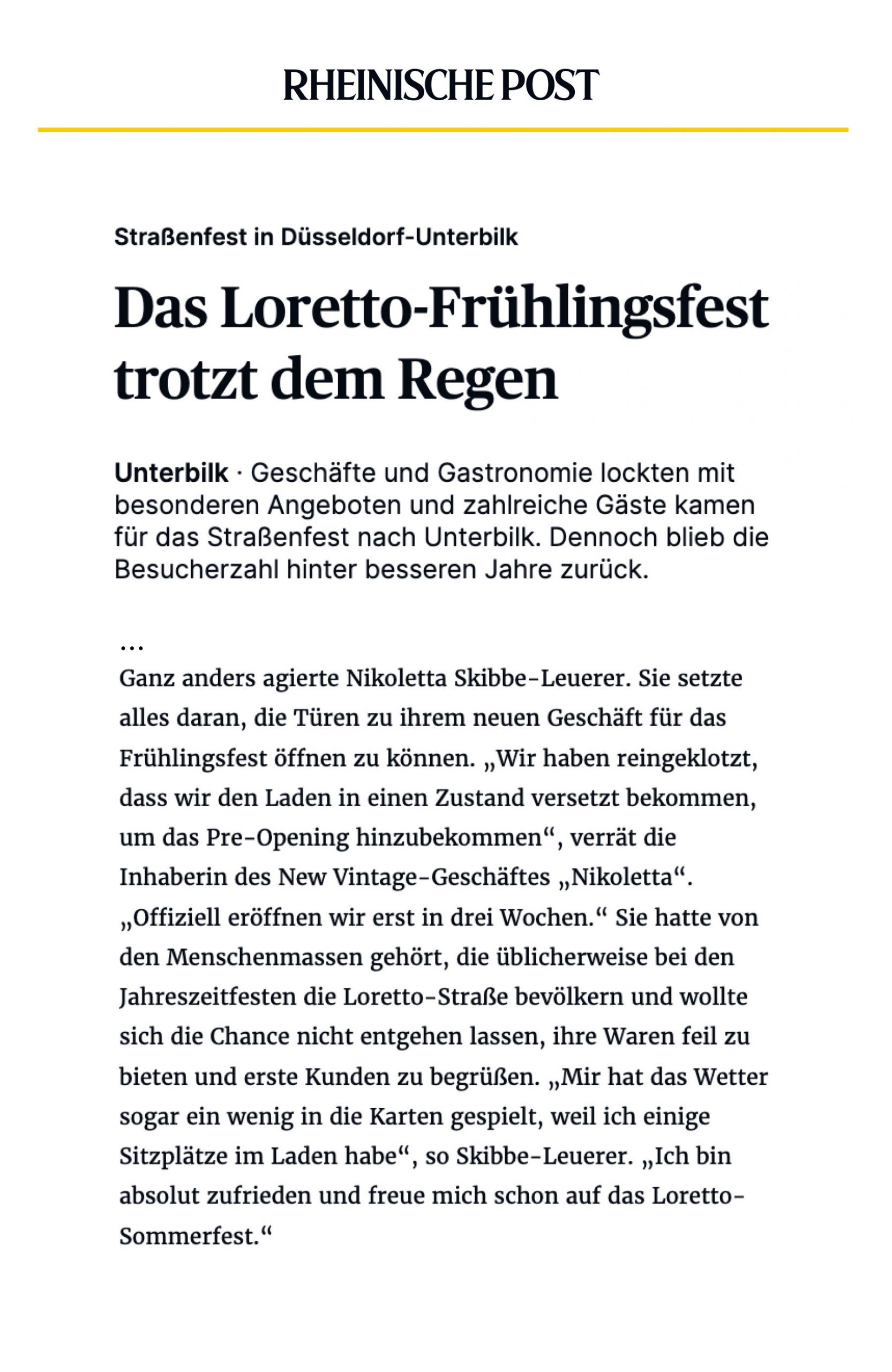 Zeitungsartikel aus der Rheinischen Post Düsseldorf Nikoletta Frühjahrsfest Lorettostrasse